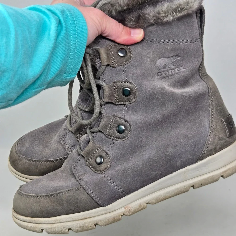 Sorel Explorer Joan Waterproof Winter Boots‎ Grey Suede Faux Fur NL3039-052 Sz 9